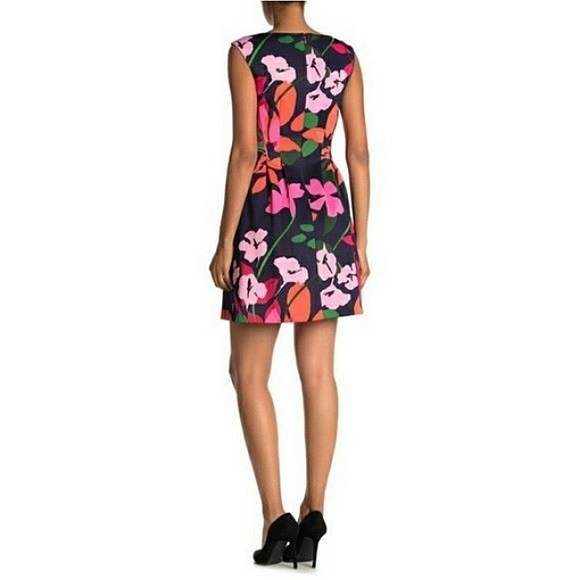 Vince Camuto 6 Floral Sleeveless Navy Blue Pink Fit & Flare Pockets Mini Dress - Picture 2 of 13